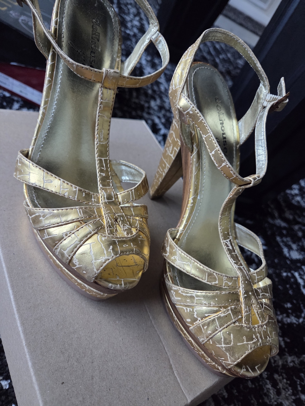 Gold Strappy Platform Heels by Dollhouse